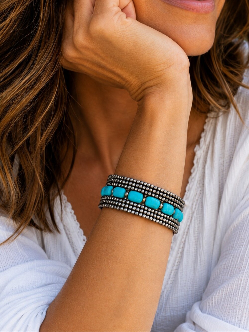 Silver Tone Turquoise Beaded Cuff Bracelet Boho Western Southwestern Statement